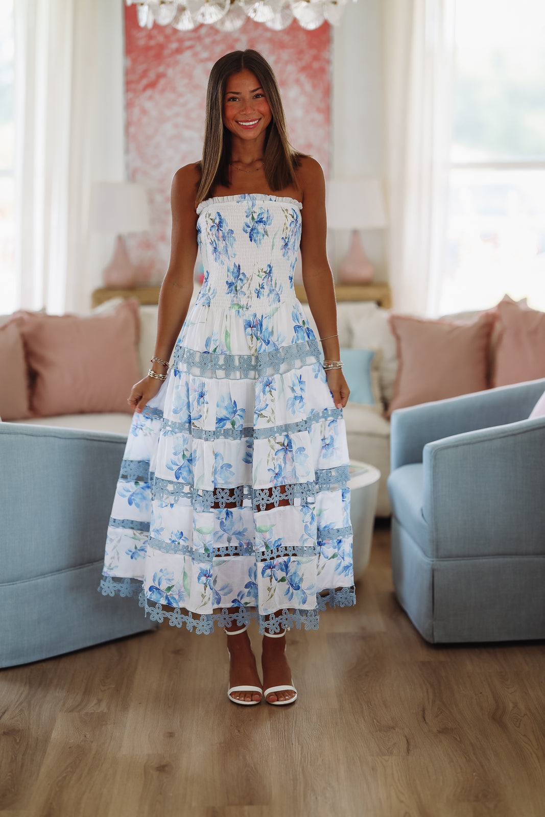 HAZEL & OLIVE SSB/D/10554/H Early Evening Floral Midi Dress - Blue