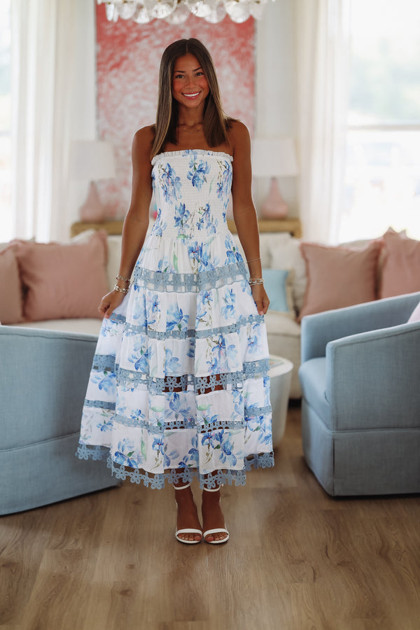 HAZEL & OLIVE SSB/D/10554/H Early Evening Floral Midi Dress - Blue