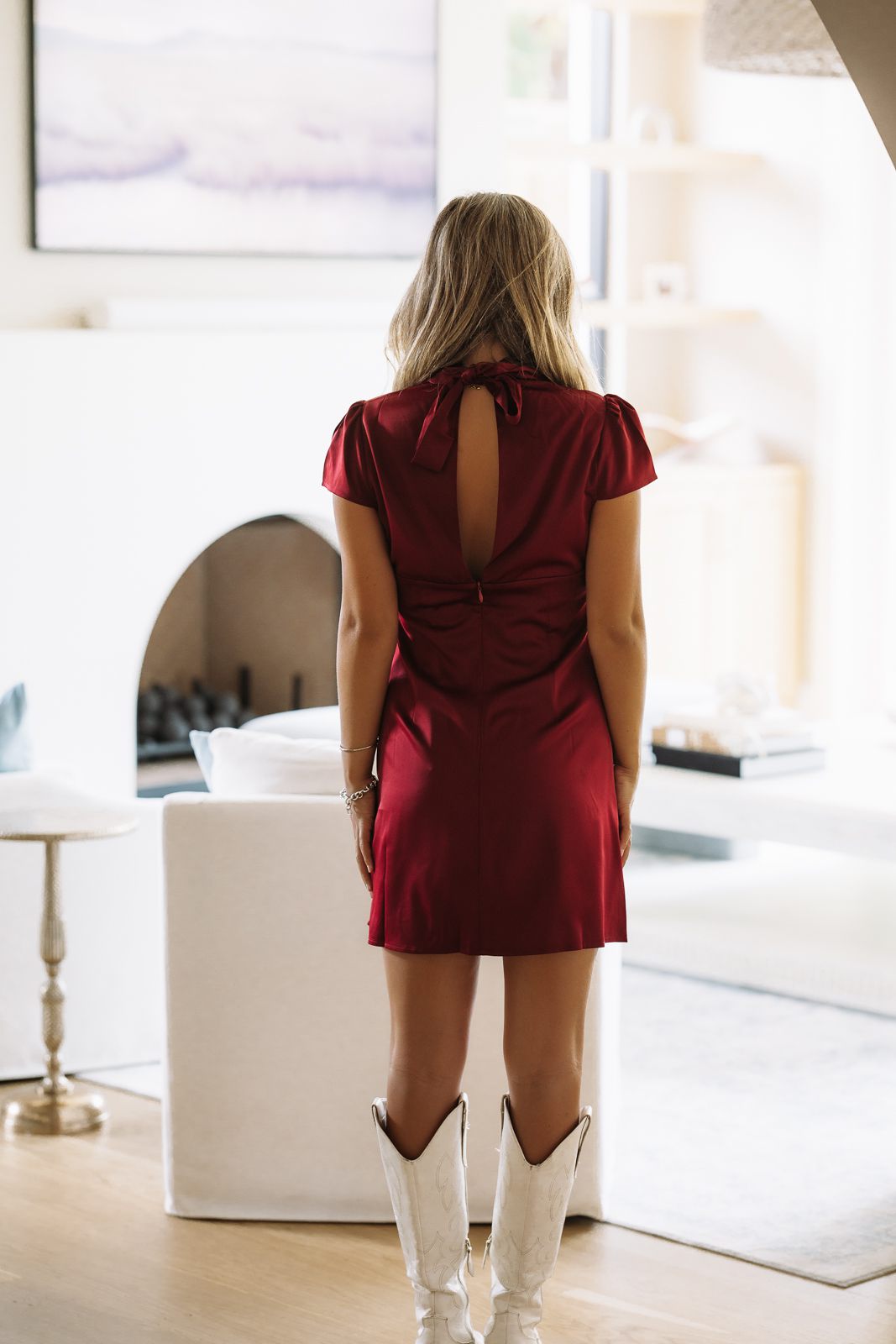 BID5371 Satin Statement Mini Dress - Wine