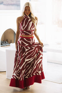 BIST5252 Dressed to Roam Crop Top and Maxi Skirt Set - Burgundy