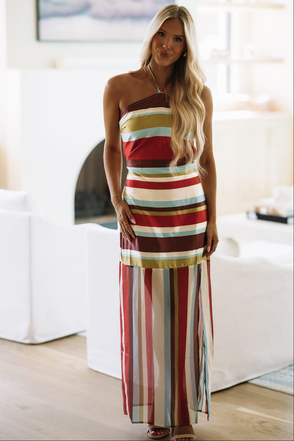 CD07377 Vintage Social Maxi Dress - Brown, Green, Cream and Blue