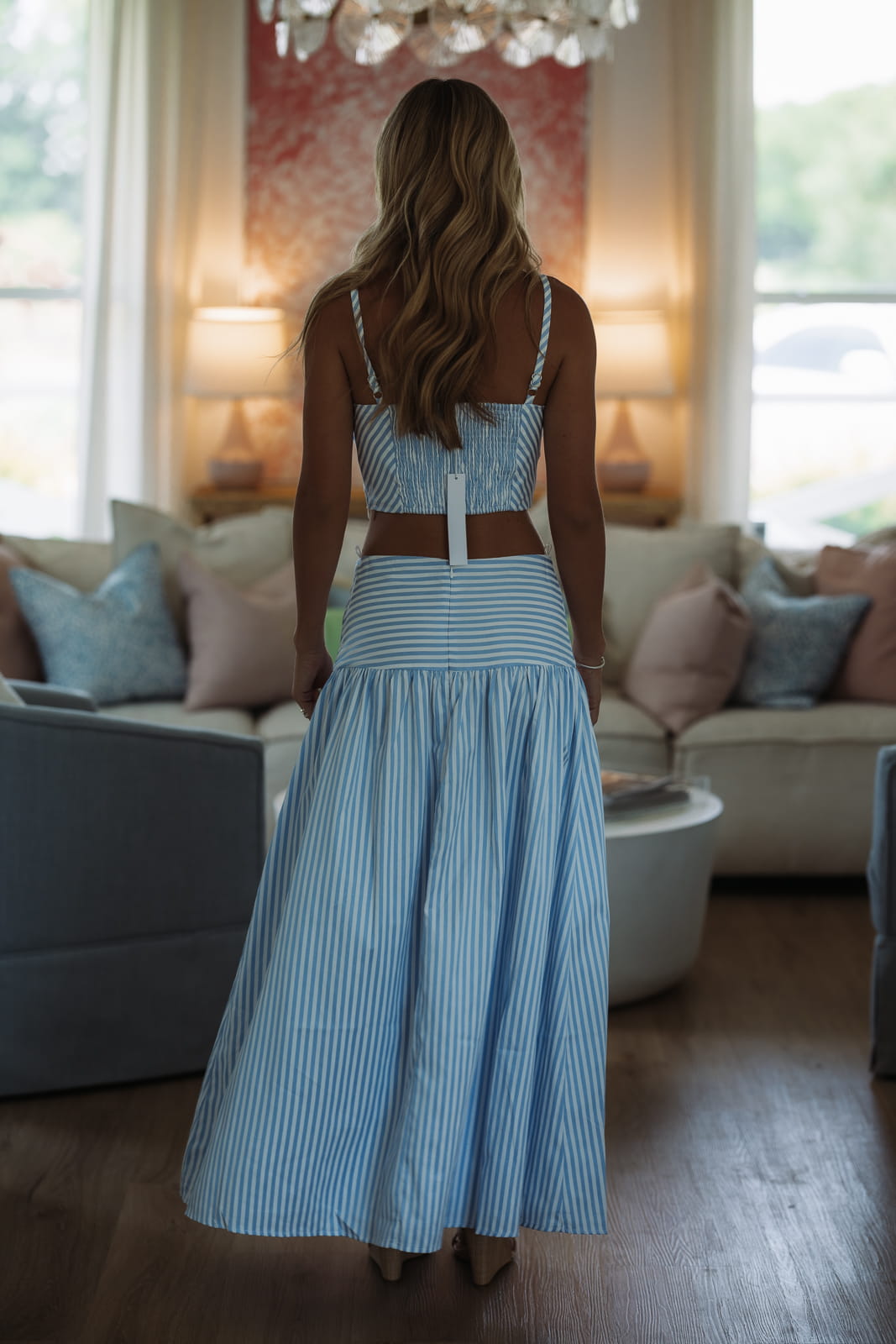 Hazel and Olive BIST4691 Alani Blossom Crop Top and Maxi Skirt Set - Sky Blue and White