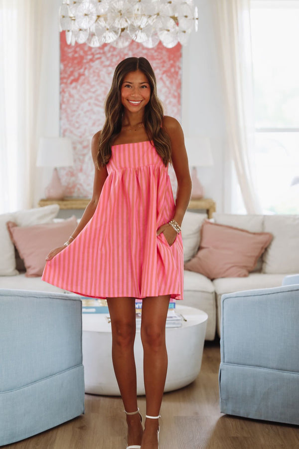 Walk By the Ocean Mini Dress - Pink and Orange-HAZEL & OLIVE 2500/596LDZ-Small-