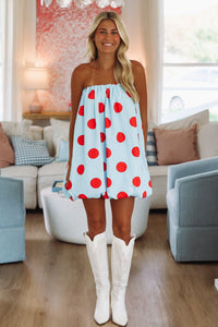 Hazel & Olive A4233 Pardon My Dots Mini Dress - Light Blue and Red