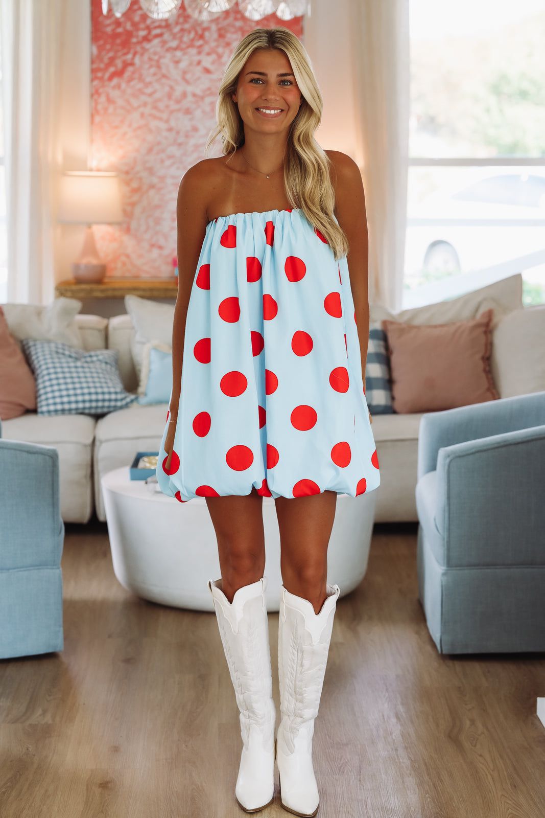 Hazel & Olive A4233 Pardon My Dots Mini Dress - Light Blue and Red