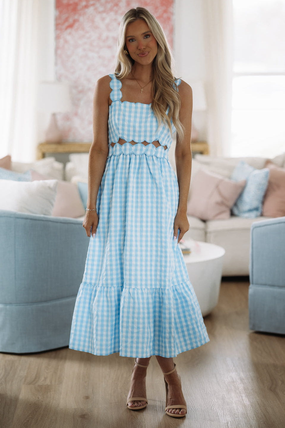 Hazel & Olive A4422 Soft Spring Moment Gingham  Midi  Dress  - Blue
