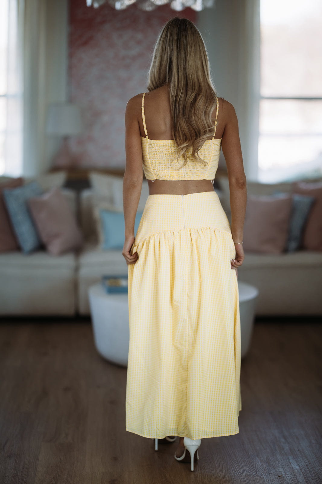 Hazel & Olive A4505/1 Nostalgia Check Maxi Skirt - Lemon Yellow and White