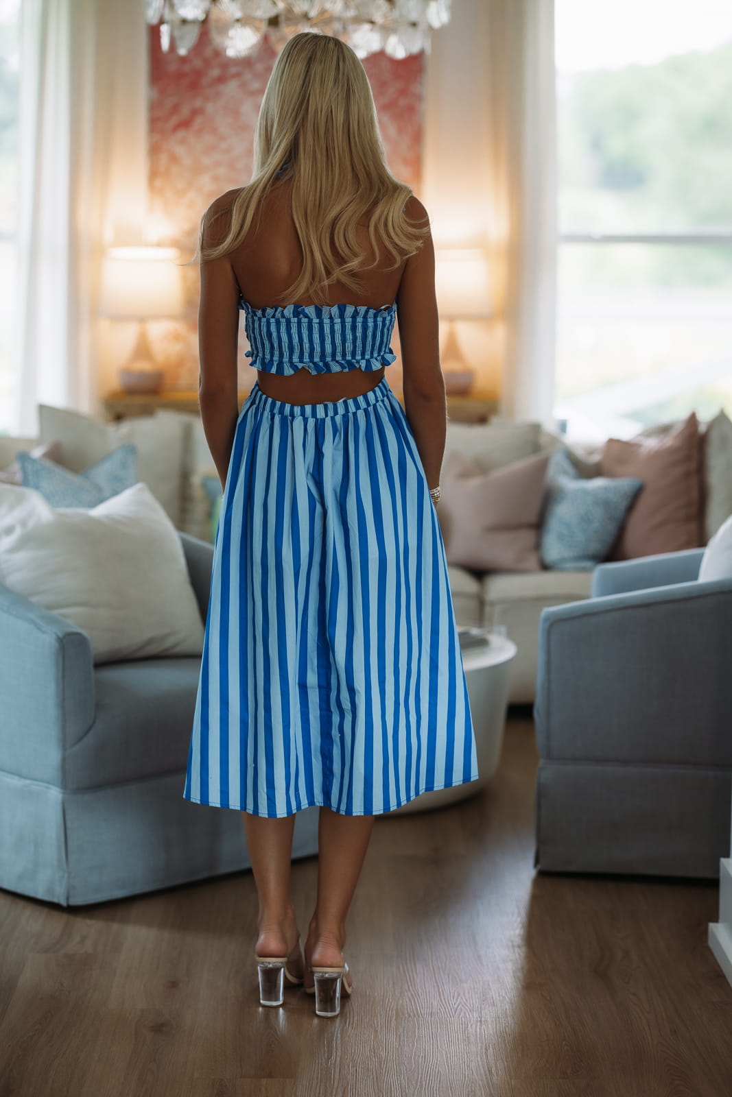 Hazel & Olive BID4541 Amalina Stripe Midi Dress - Blue and Royal Blue