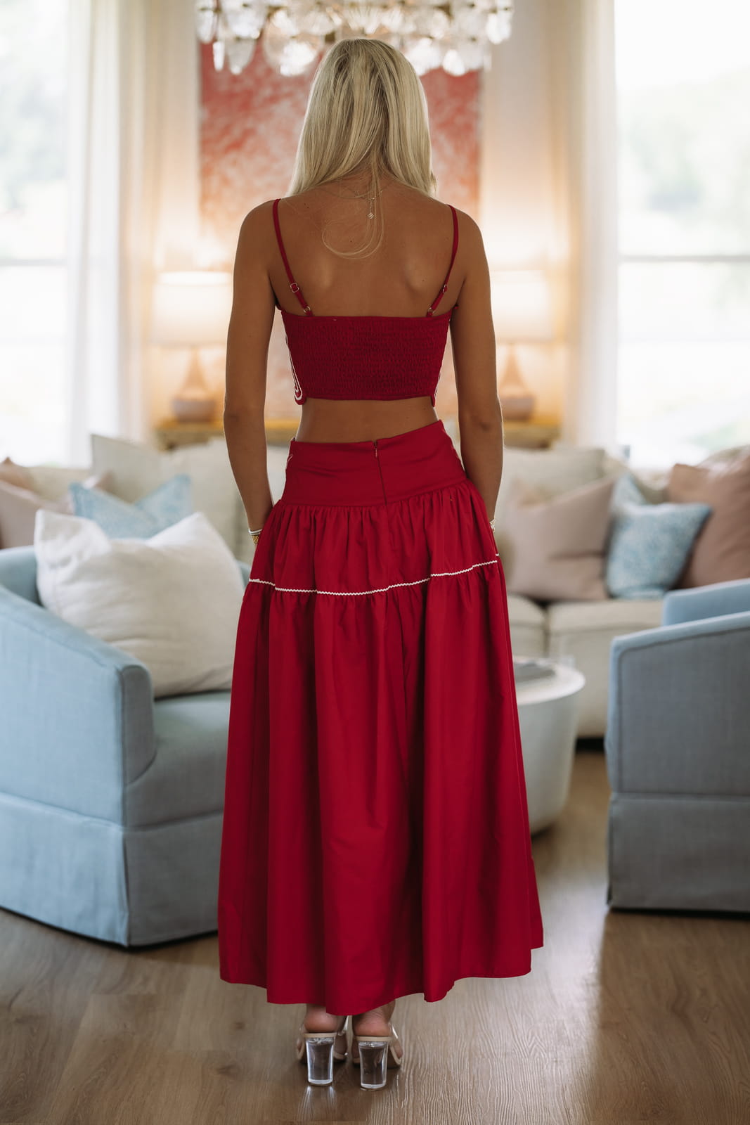 Hazel & Olive BIST4368 Marina Muse Crop Top and Maxi Skirt Set - Crimson and White
