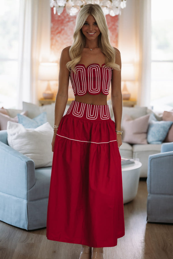 Hazel & Olive BIST4368 Marina Muse Crop Top and Maxi Skirt Set - Crimson and White
