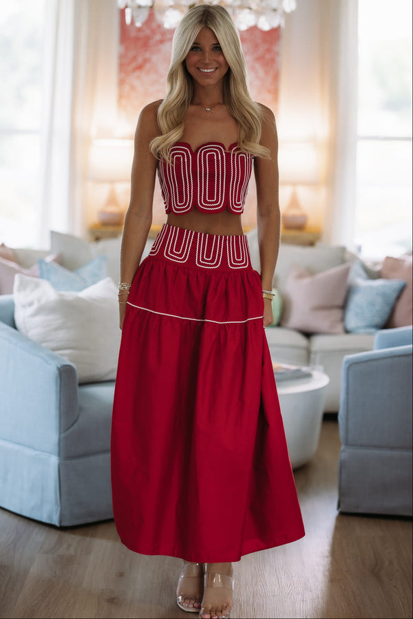 Hazel & Olive BIST4368 Marina Muse Crop Top and Maxi Skirt Set - Crimson and White