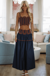 Hazel & Olive BIST4368 Marina Muse Crop Top and Maxi Skirt Set - Navy and Orange