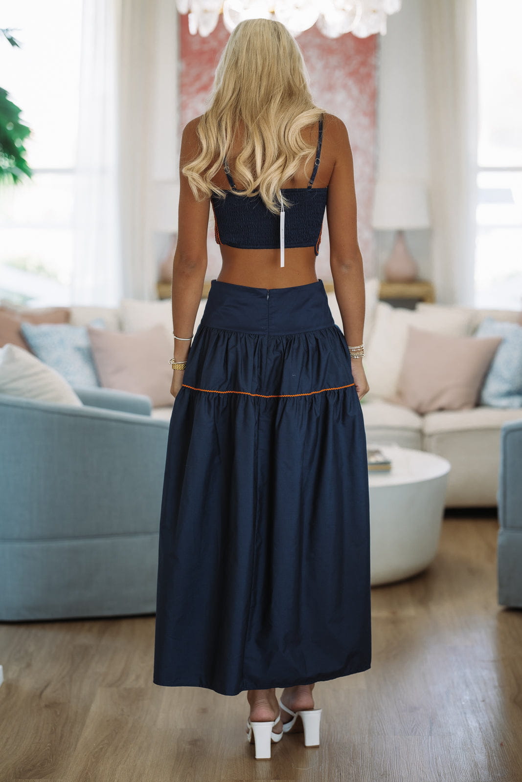 Hazel & Olive BIST4368 Marina Muse Crop Top and Maxi Skirt Set - Navy and Orange
