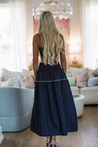 Hazel & Olive BIST4368 Marina Muse Crop Top and Maxi Skirt Set - Navy and White