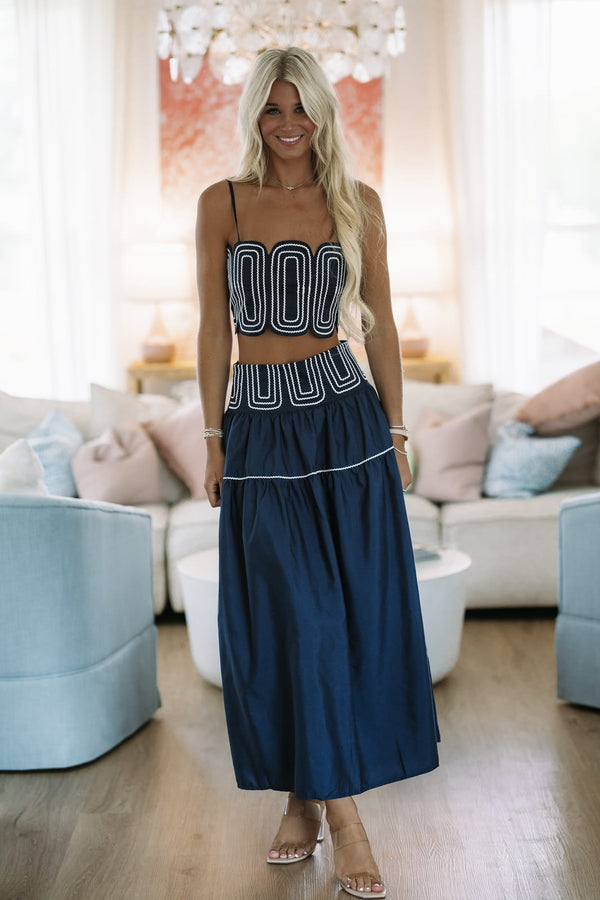 Hazel & Olive BIST4368 Marina Muse Crop Top and Maxi Skirt Set - Navy and White