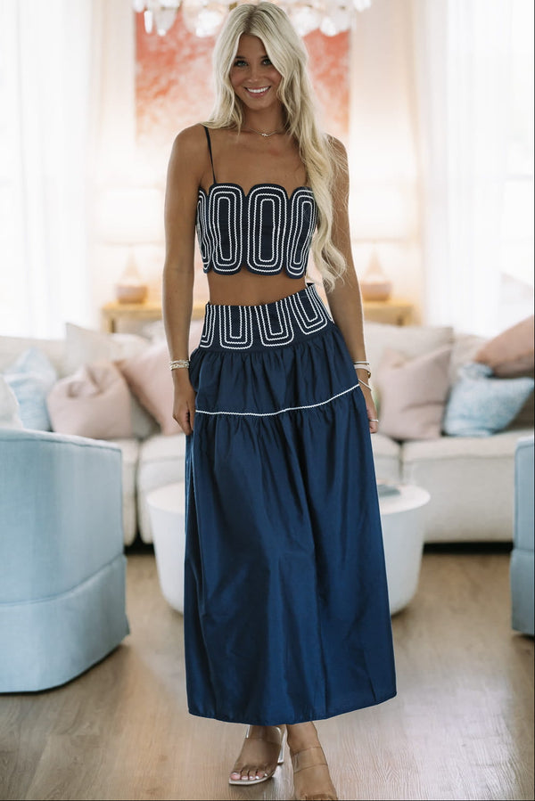 Hazel & Olive BIST4368 Marina Muse Crop Top and Maxi Skirt Set - Navy and White
