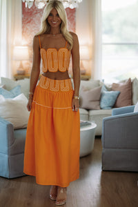 Hazel & Olive BIST4368 Marina Muse Crop Top and Maxi Skirt Set - Orange and White