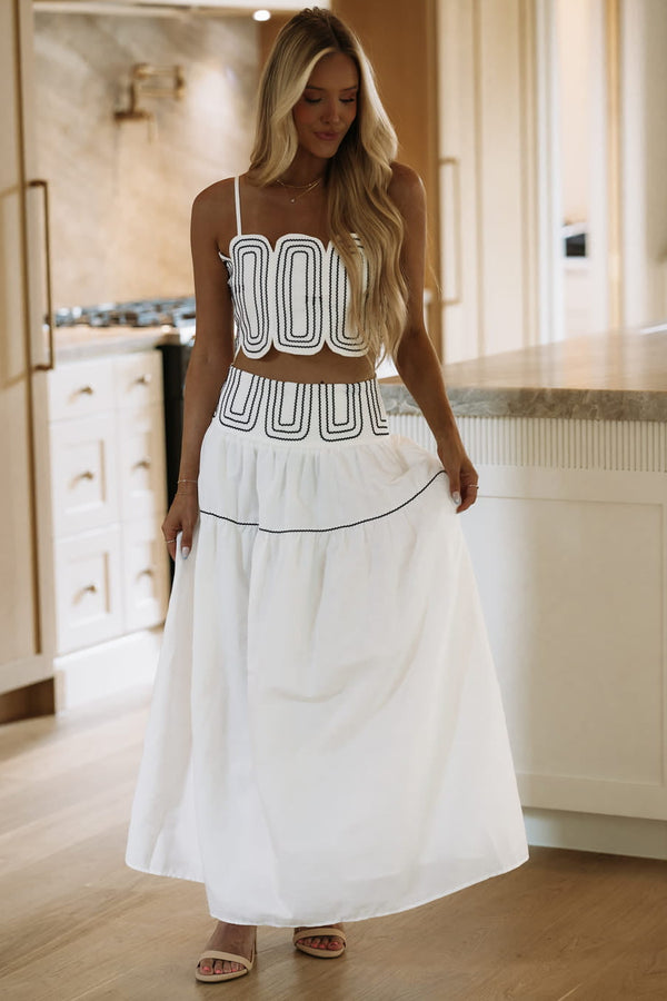 Hazel & Olive BIST4368 Marina Muse Crop Top and Maxi Skirt Set - White and Navy
