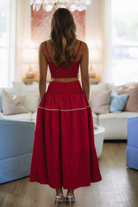 Hazel & Olive BIST4368 Marina Muse Exclusive Crop Top and Maxi Skirt Set - Crimson and Silver