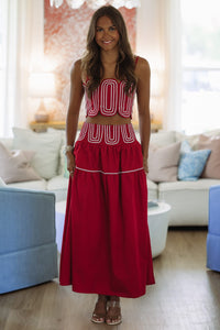 Hazel & Olive BIST4368 Marina Muse Exclusive Crop Top and Maxi Skirt Set - Crimson and Silver