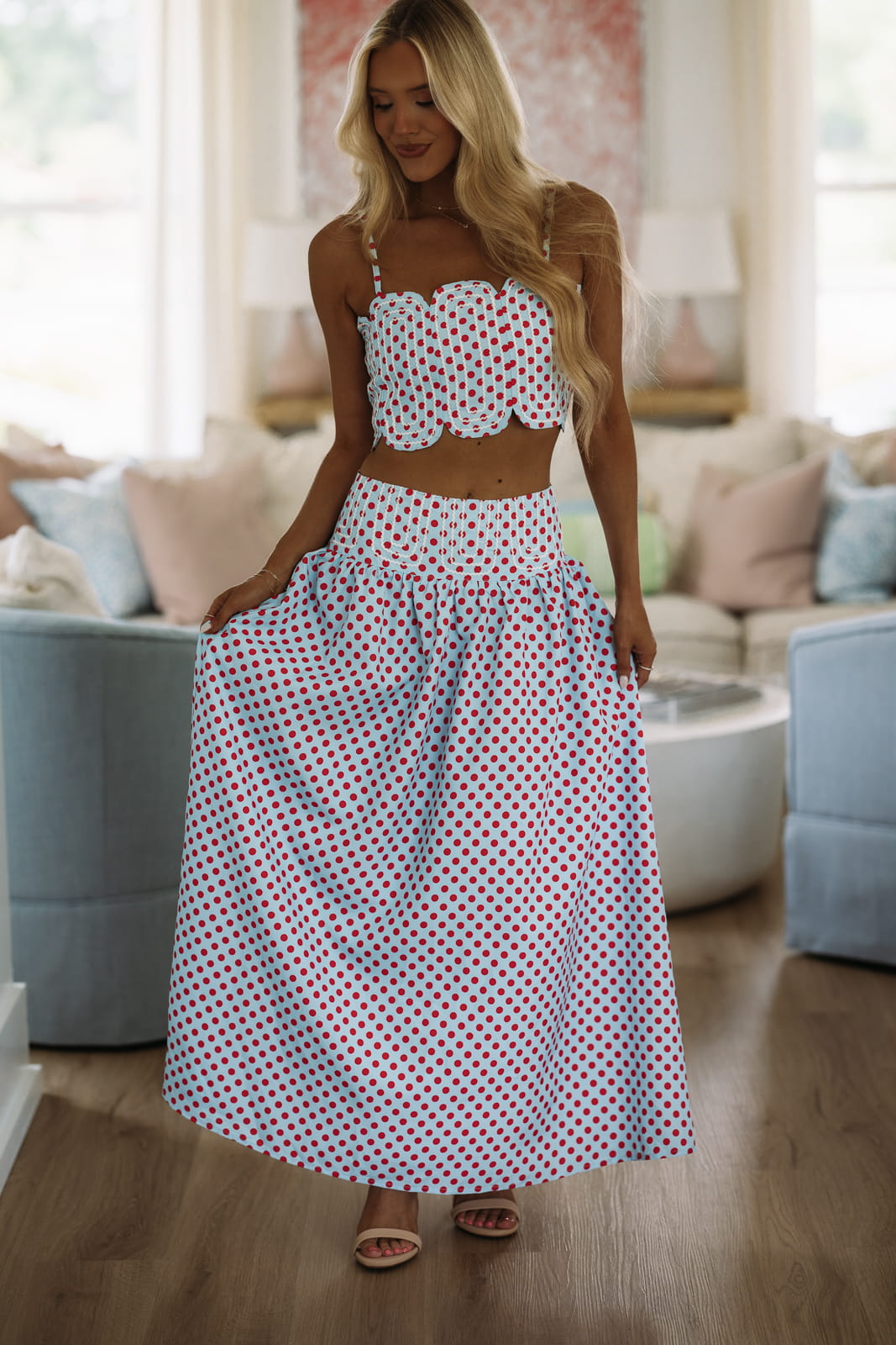 Hazel & Olive BIST4368B Marina Muse Dots Crop Top and Maxi Skirt Set - Blue and Red