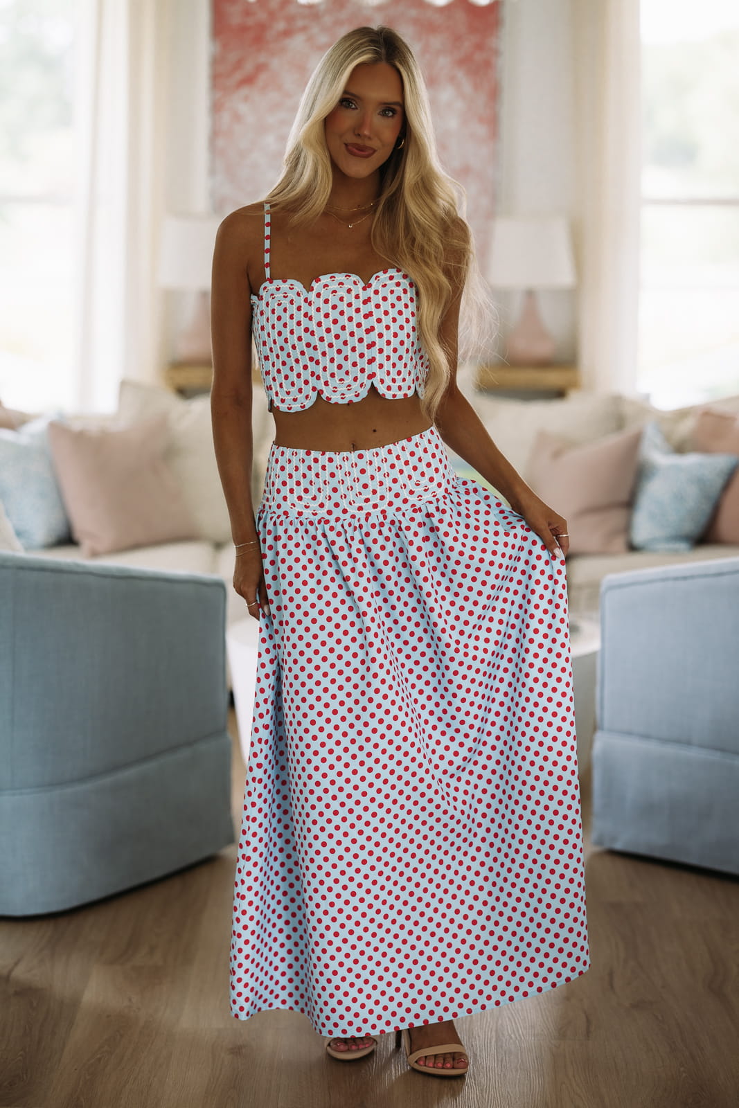 Hazel & Olive BIST4368B Marina Muse Dots Crop Top and Maxi Skirt Set - Blue and Red
