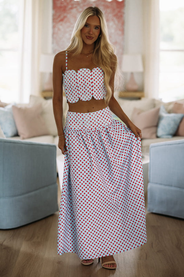 Hazel & Olive BIST4368B Marina Muse Dots Crop Top and Maxi Skirt Set - Blue and Red