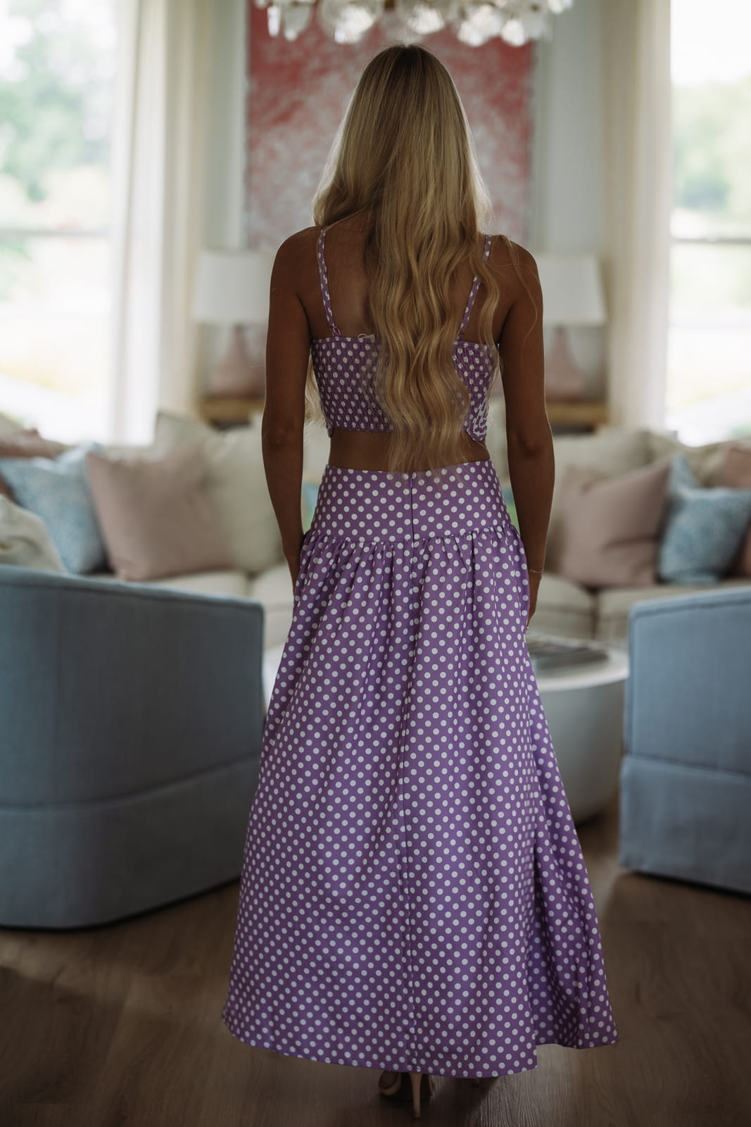 Hazel & Olive BIST4368B Marina Muse Dots Crop Top and Maxi Skirt Set - Purple and White
