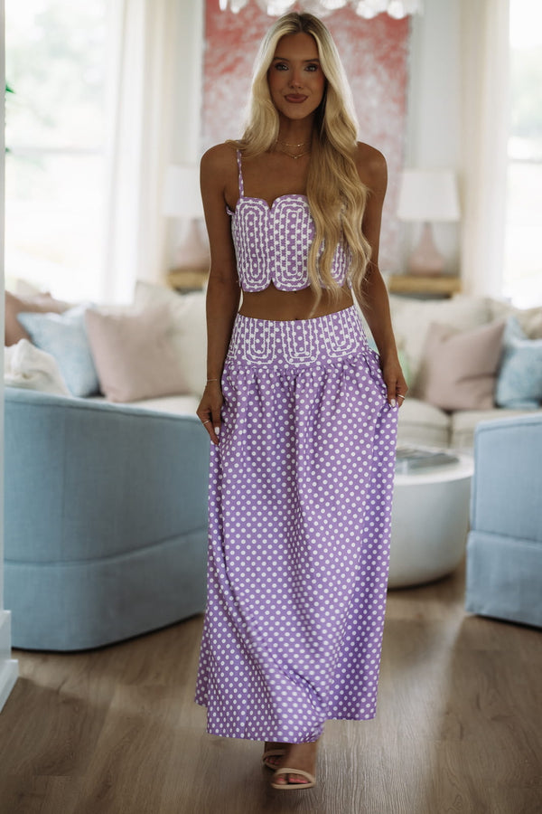 Hazel & Olive BIST4368B Marina Muse Dots Crop Top and Maxi Skirt Set - Purple and White
