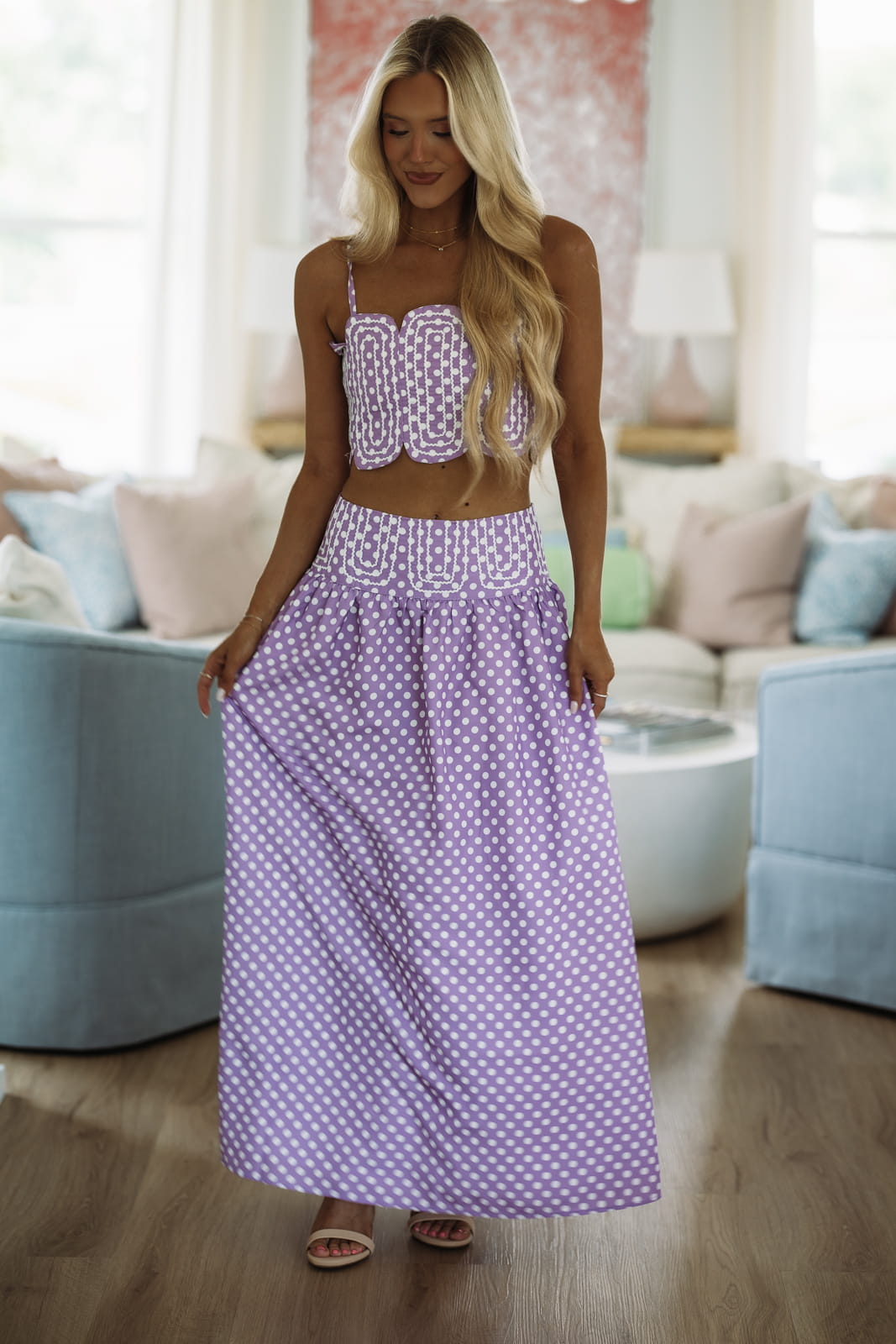 Hazel & Olive BIST4368B Marina Muse Dots Crop Top and Maxi Skirt Set - Purple and White
