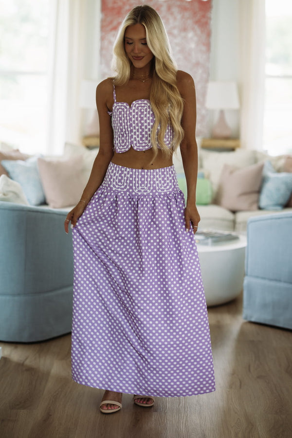 Hazel & Olive BIST4368B Marina Muse Dots Crop Top and Maxi Skirt Set - Purple and White