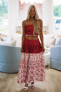 Hazel & Olive BIST4538 Atlas Print Top and Midi Skirt Set - Maroon, Red and Off White