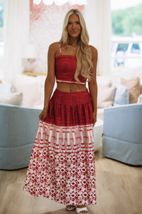 Hazel & Olive BIST4538 Atlas Print Top and Midi Skirt Set - Maroon, Red and Off White