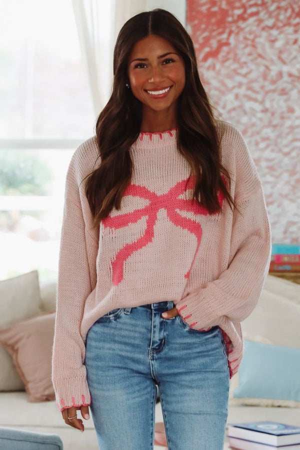 Bowtacular Sweater - Pink-HAZEL & OLIVE-XSmall-