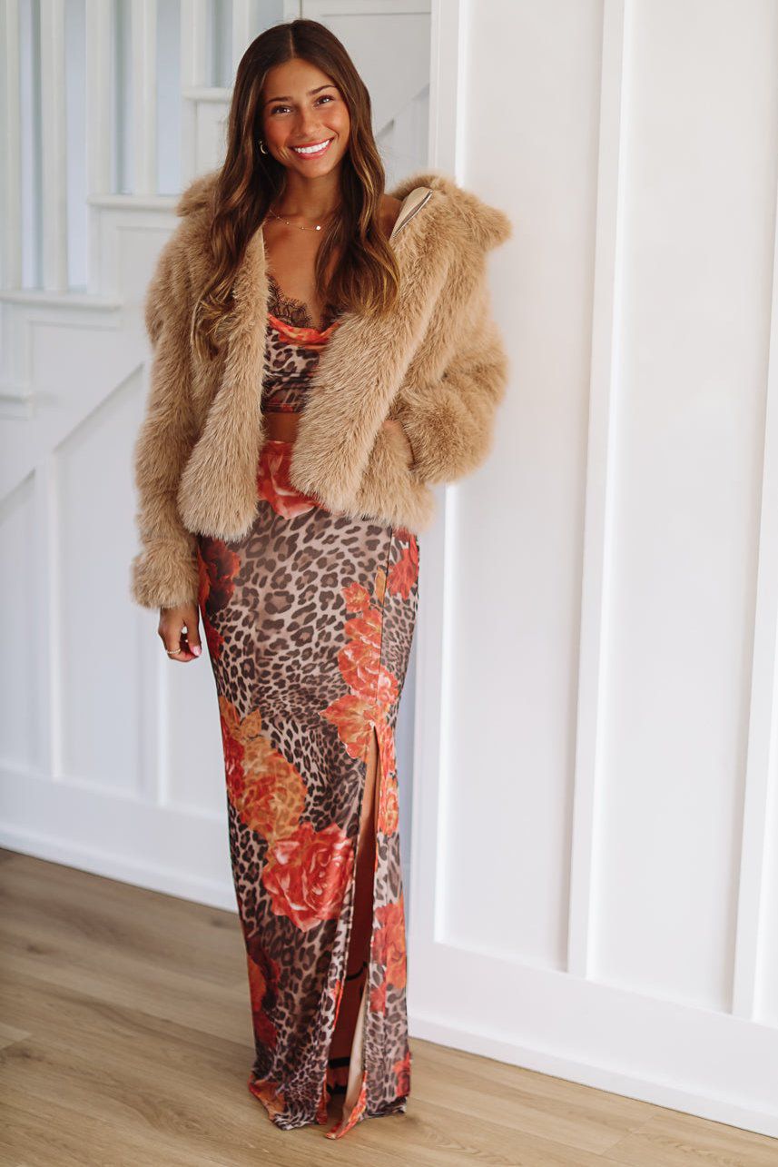 Cat's Out of the Bag Crop Top and Maxi Skirt Set - Brown-HAZEL & OLIVE-Small-