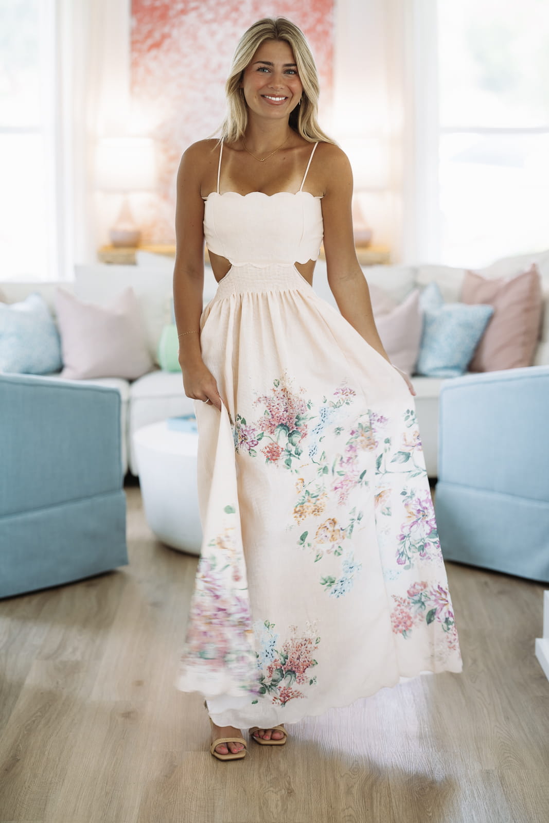 Hazel & Olive CD0179 Georgia Peach Maxi Dress - Cream, Purple, Green and Yellow