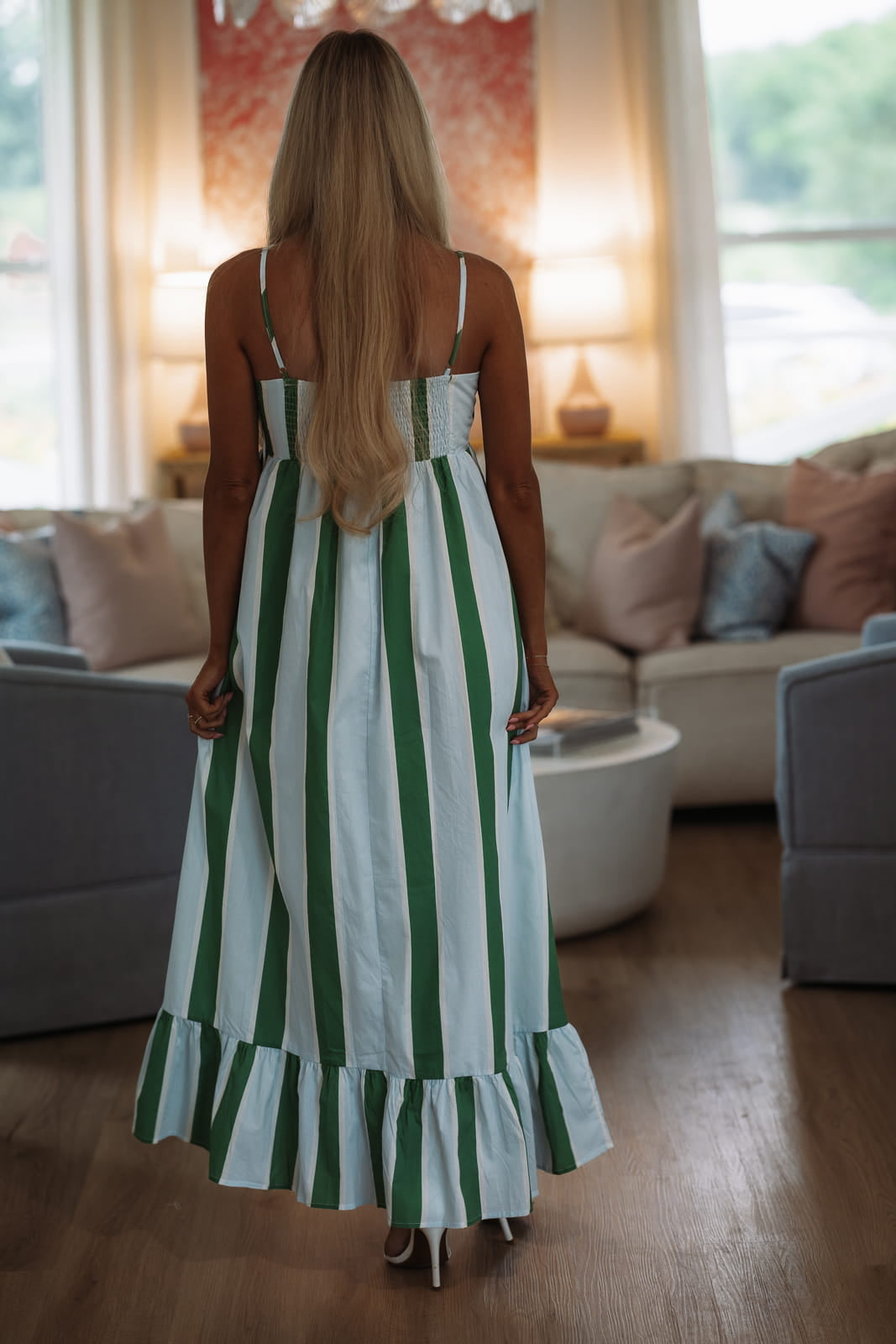 Hazel & Olive CD06828 Coast Line Stripe Maxi Dress - Green, White and Blue