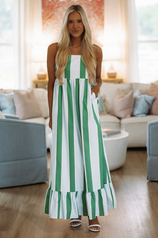Hazel & Olive CD06828 Coast Line Stripe Maxi Dress - Green, White and Blue