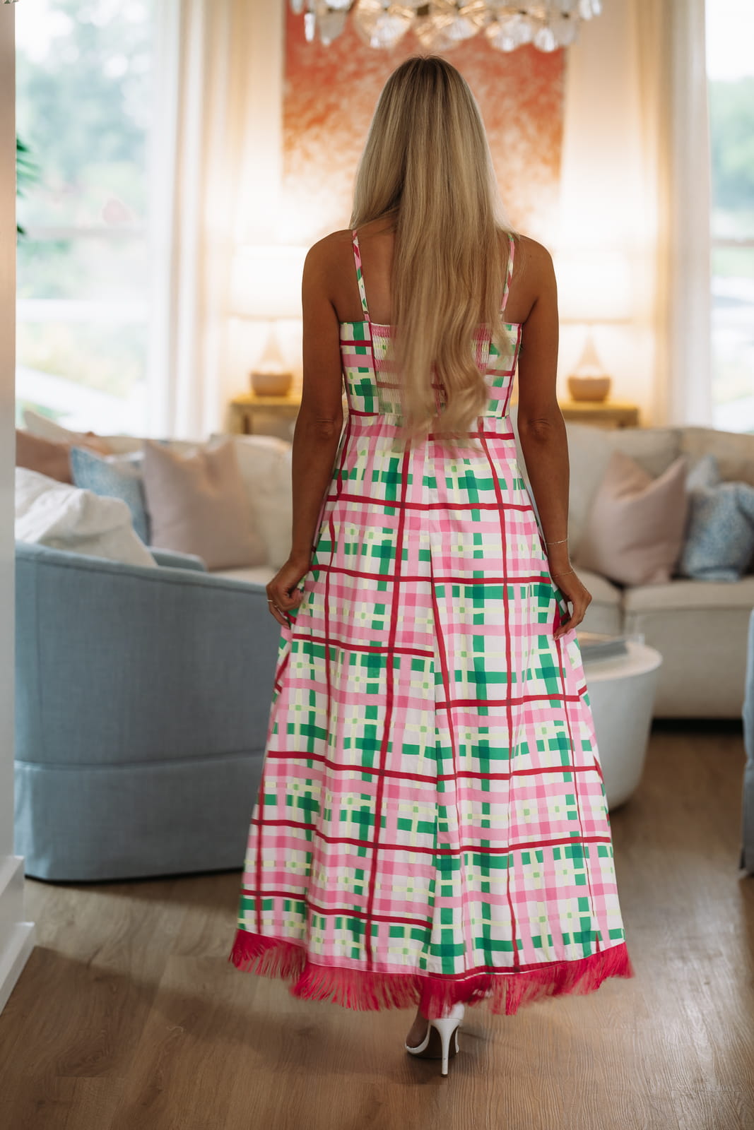 Hazel & Olive CD07130 Grid & Fringe Maxi Dress - Pink, White and Green