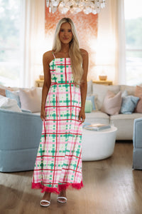 Hazel & Olive CD07130 Grid & Fringe Maxi Dress - Pink, White and Green