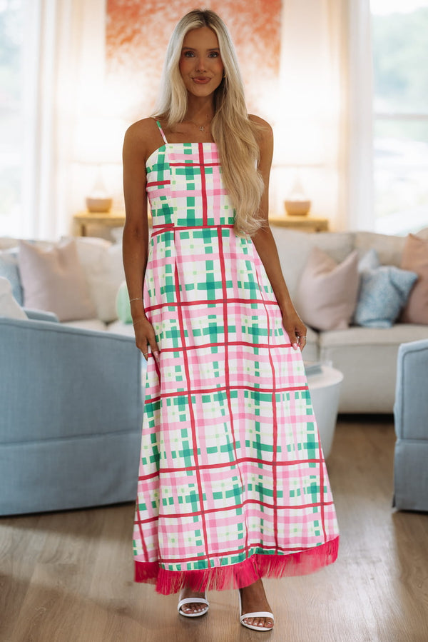 Hazel & Olive CD07130 Grid & Fringe Maxi Dress - Pink, White and Green