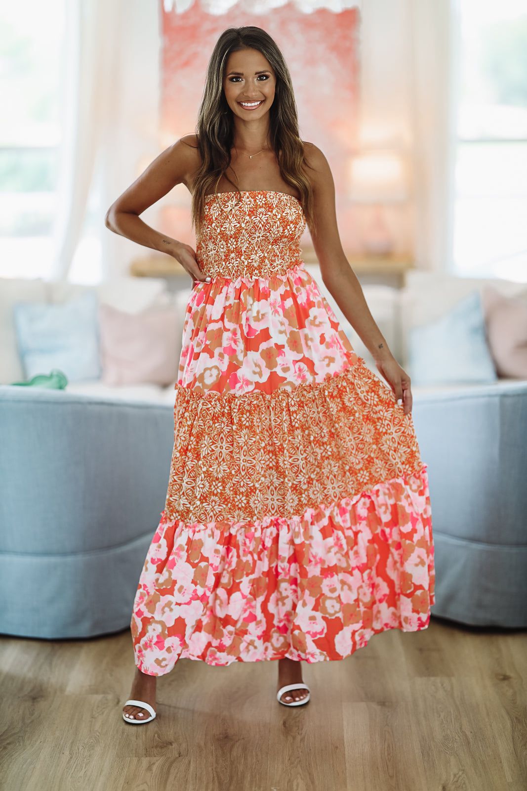 Constantly Adored Ruffle Maxi Dress - Orange Lemon Pink-HAZEL & OLIVE-Small-