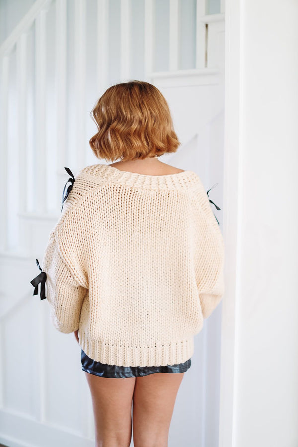 Coquette Bow Cardigan - Taupe and Black-HAZEL & OLIVE-Small/Medium-