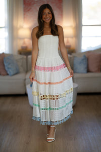 HAZEL & OLIVE D/10919/H Early Evening Midi Dress - White, Pink, Orange, Green and Blue