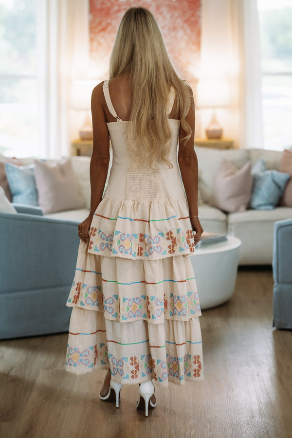 Hazel & Olive D/11068/JK Cross-Stitched Meadow Midi Dress - Ecru, Yellow, Green and Blue
