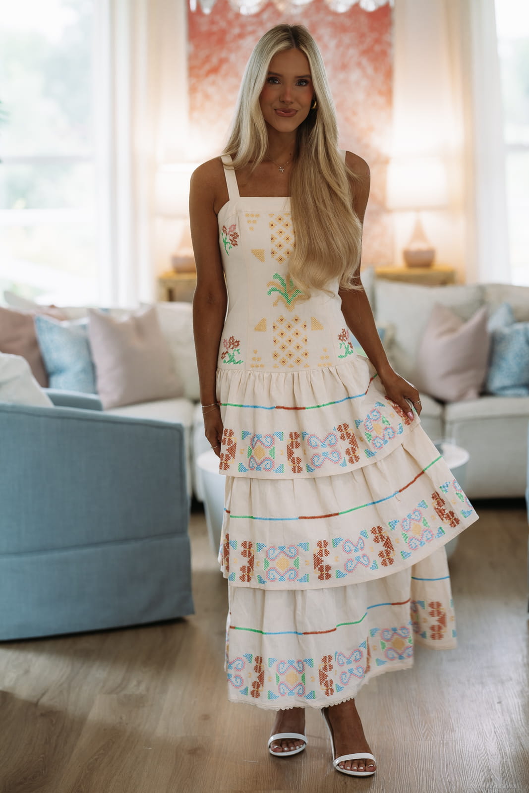 Hazel & Olive D/11068/JK Cross-Stitched Meadow Midi Dress - Ecru, Yellow, Green and Blue