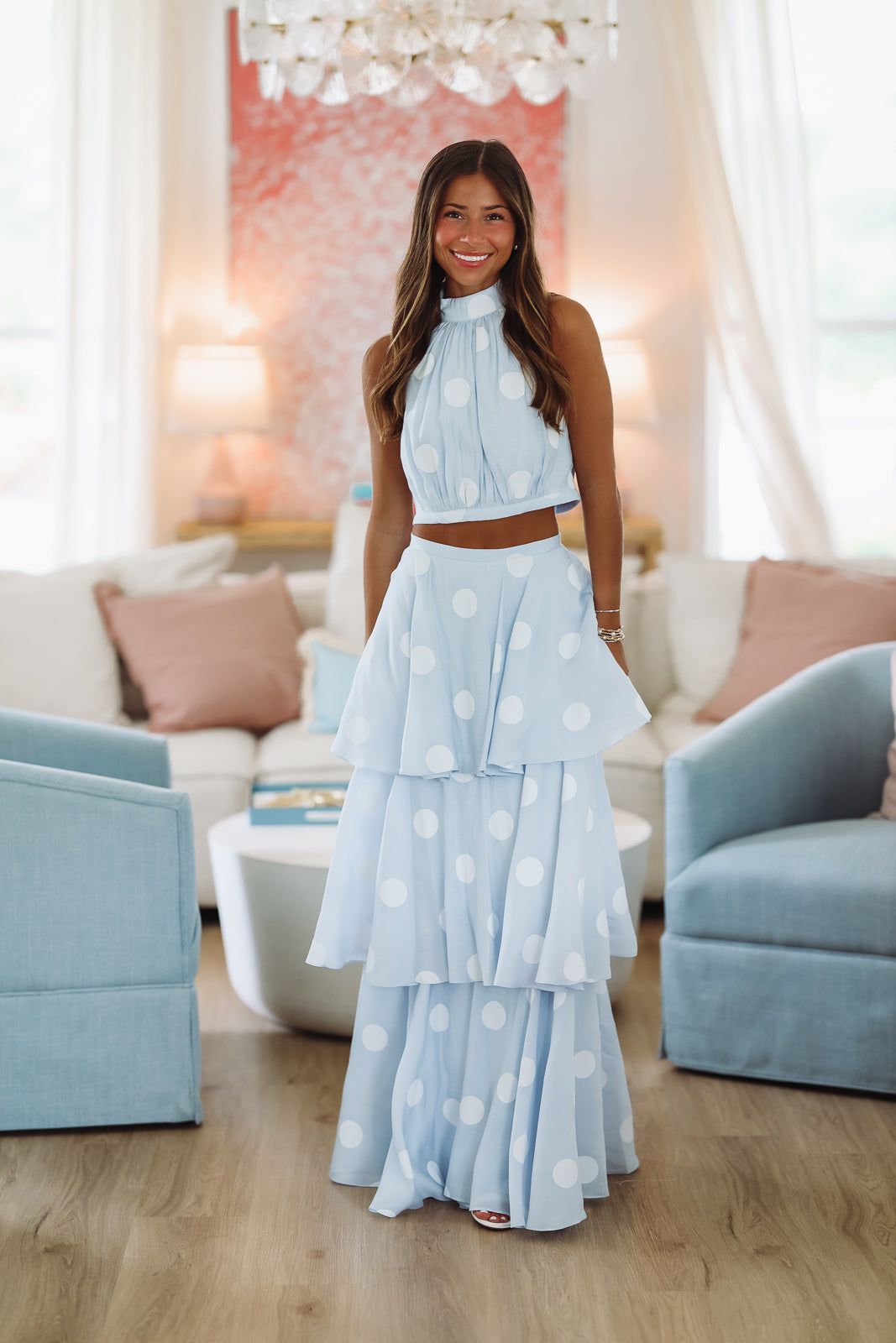 Dots For Days Top and Maxi Skirt Set - Light Blue and White-HAZEL & OLIVE TS2711-Small-