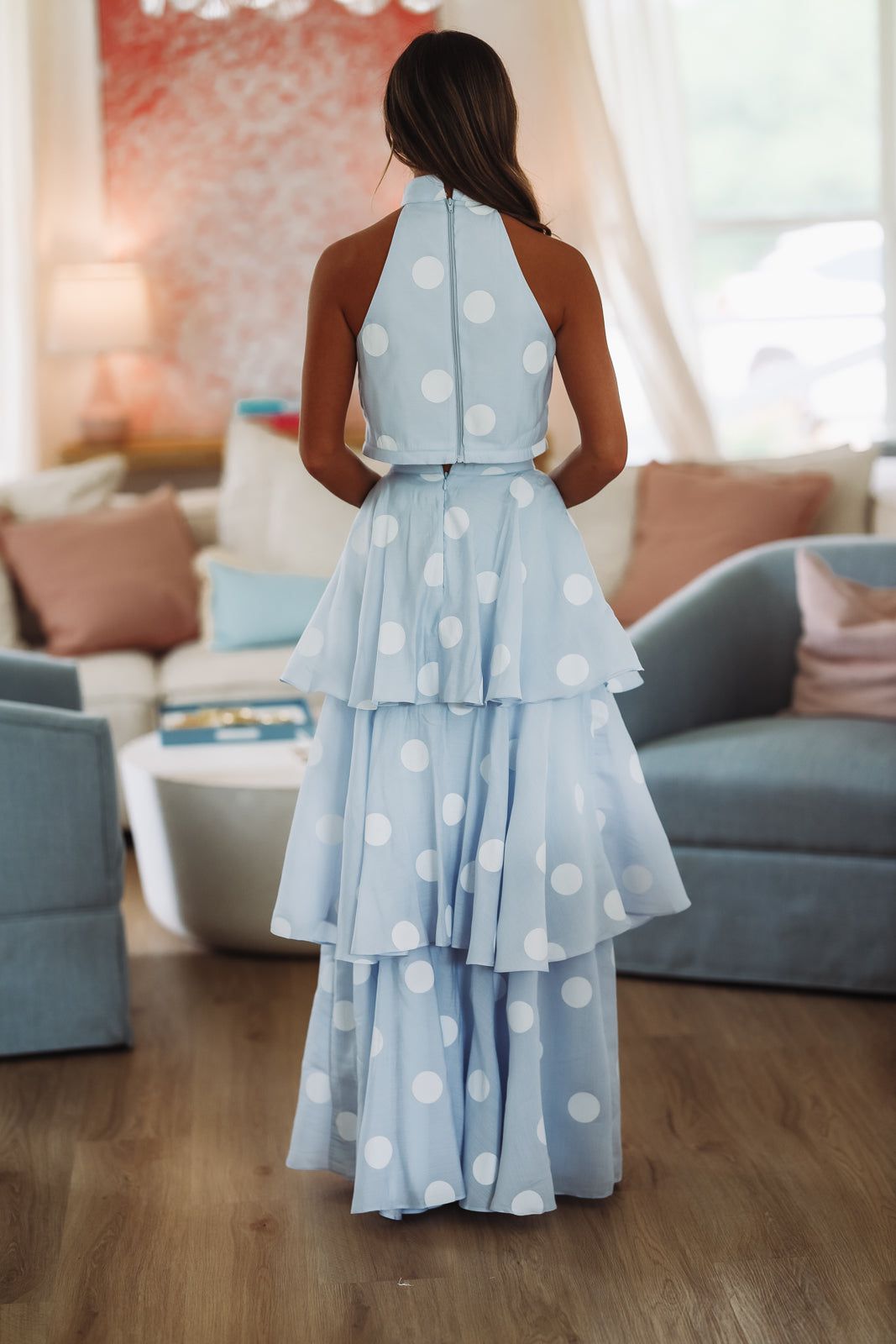 Dots For Days Top and Maxi Skirt Set - Light Blue and White-HAZEL & OLIVE TS2711-Small-