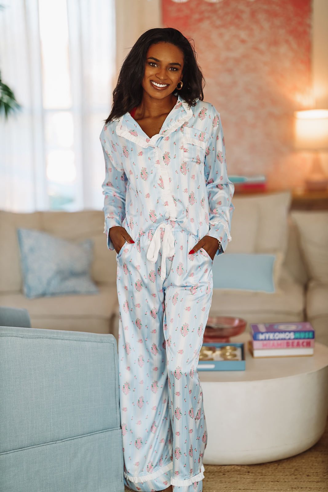 Dreaming of Bouquets Pajama Pant and Top Set - Blue-HAZEL & OLIVE R30003PJ/03-Small-