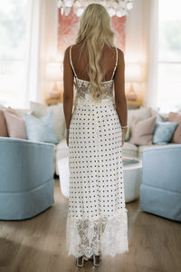 Hazel & Olive ED1957/1/CR A Polka Dot Satin Sunset Maxi Dress - Cream and Black